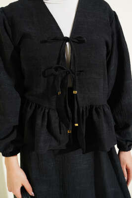 Önü Bağlamalı Fırfırlı Etekli İkili Takım Siyah - İkili Takım