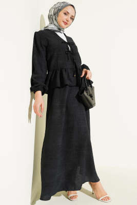 Önü Bağlamalı Fırfırlı Etekli İkili Takım Siyah - TABLO FASHİON