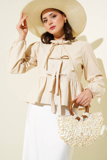 Önü Bağlamalı Fırfırlı Kısa Gömlek Bej - Gömlek