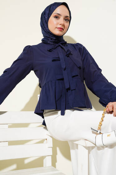 Önü Bağlamalı Fırfırlı Kısa Gömlek Lacivert - Gömlek