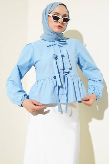 Önü Bağlamalı Fırfırlı Kısa Gömlek Mavi - Gömlek