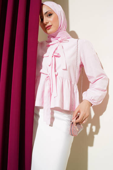 Önü Bağlamalı Fırfırlı Kısa Gömlek Pembe - Gömlek