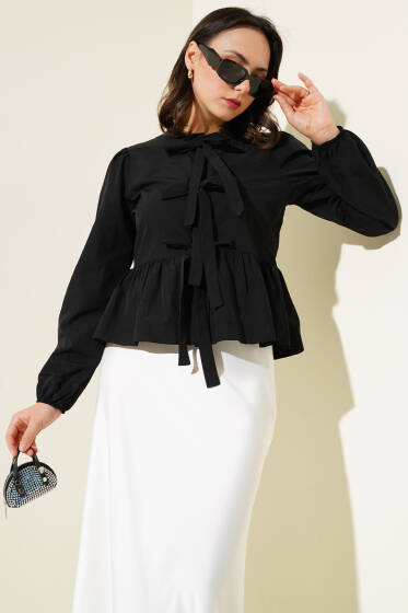 Önü Bağlamalı Fırfırlı Kısa Gömlek Siyah - Gömlek
