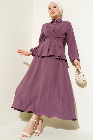 Önü Bağlamalı Gömlek Yaka Etekli İkili Takım Gül Kurusu - İkili Takım