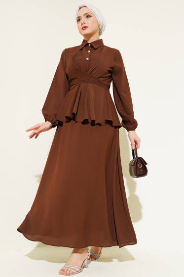 Önü Bağlamalı Gömlek Yaka Etekli İkili Takım Kahve - İkili Takım