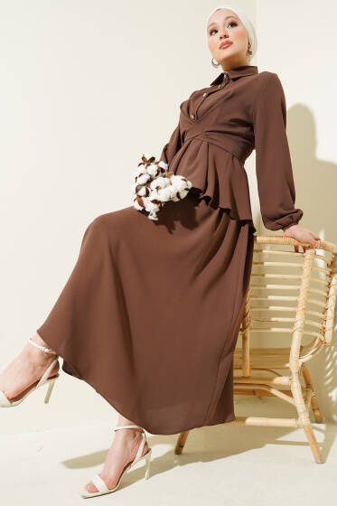 Önü Bağlamalı Gömlek Yaka Etekli İkili Takım Kestane - İkili Takım