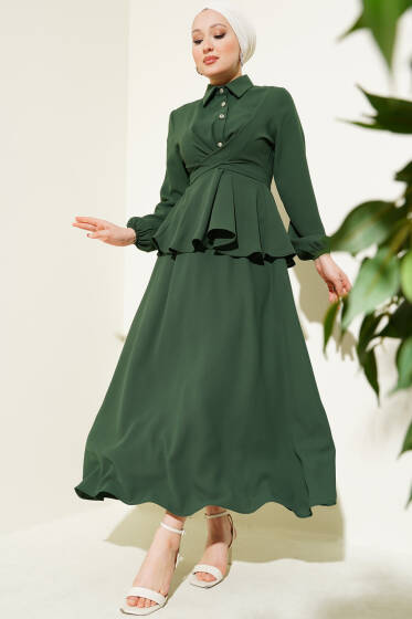 Önü Bağlamalı Gömlek Yaka Etekli İkili Takım Yeşil - İkili Takım