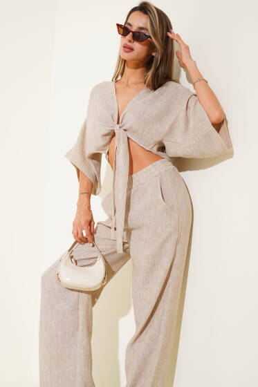 Önü Bağlamalı İkili Takım Bej - Kadın Giyim Modelleri