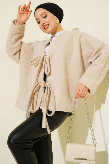 	 Önü Bağlamalı Kaşe Kimono Bej - Dış Giyim&Mont