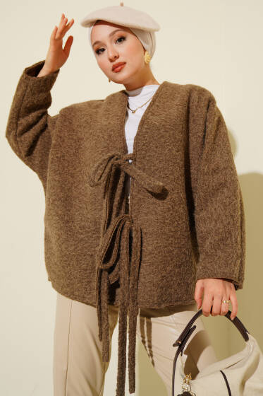 Önü Bağlamalı Kaşe Kimono Vizon - Dış Giyim&Mont