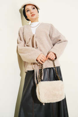 Önü Bağlamalı Keçe Kısa Ceket Bej - VAV TEKSTİL