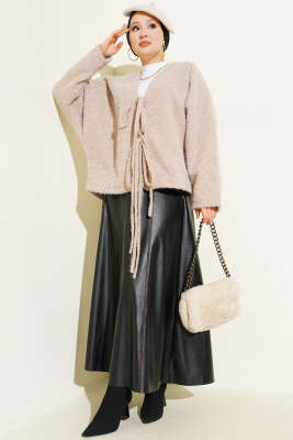 Önü Bağlamalı Keçe Kısa Ceket Bej - Ceket