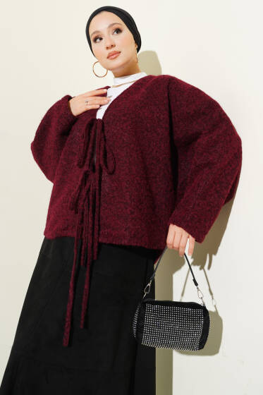Önü Bağlamalı Keçe Kısa Ceket Bordo - Ceket