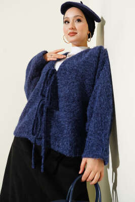 Önü Bağlamalı Keçe Kısa Ceket Lacivert - VAV TEKSTİL