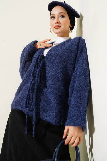 Önü Bağlamalı Keçe Kısa Ceket Lacivert - Ceket