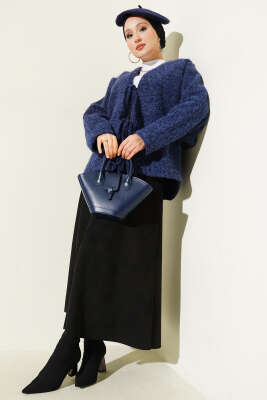 Önü Bağlamalı Keçe Kısa Ceket Lacivert - Ceket