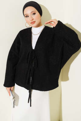 Önü Bağlamalı Keçe Kısa Ceket Siyah - VAV TEKSTİL
