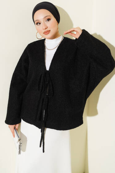 Önü Bağlamalı Keçe Kısa Ceket Siyah - Ceket