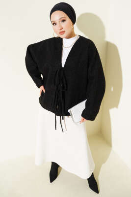 Önü Bağlamalı Keçe Kısa Ceket Siyah - Ceket