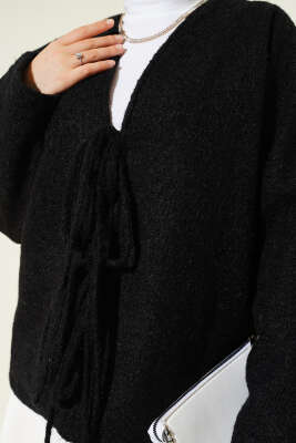 Önü Bağlamalı Keçe Kısa Ceket Siyah - Ceket