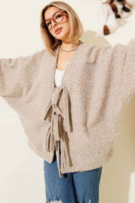 Önü Bağlamalı Keçe Oversize Kimono Bej - DİVON