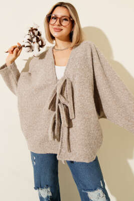 Önü Bağlamalı Keçe Oversize Kimono Bej - Kadın Giyim Modelleri