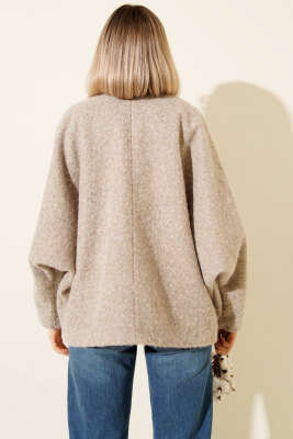 Önü Bağlamalı Keçe Oversize Kimono Bej - Kadın Giyim Modelleri