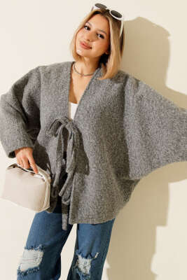 Önü Bağlamalı Keçe Oversize Kimono Gri - Kadın Giyim Modelleri
