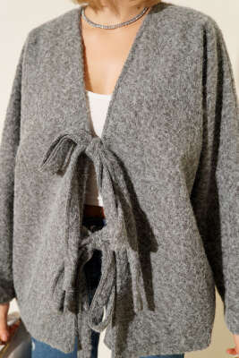 Önü Bağlamalı Keçe Oversize Kimono Gri - Kadın Giyim Modelleri