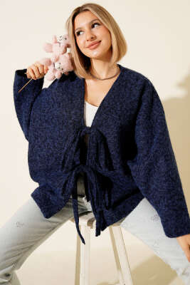 Önü Bağlamalı Keçe Oversize Kimono Lacivert - DİVON