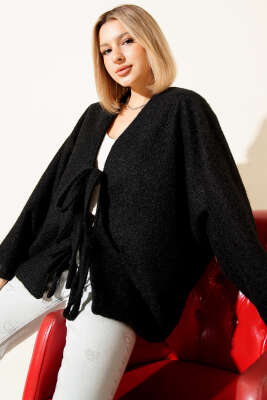Önü Bağlamalı Keçe Oversize Kimono Siyah - Kadın Giyim Modelleri