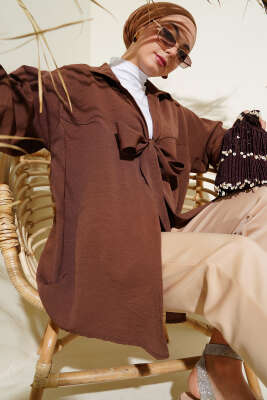 Önü Bağlamalı Keten Kimono Kahve 
