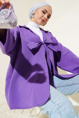 Önü Bağlamalı Keten Kimono Mor 