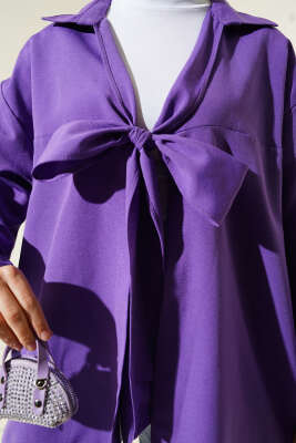 Önü Bağlamalı Keten Kimono Mor - Dış Giyim&Mont
