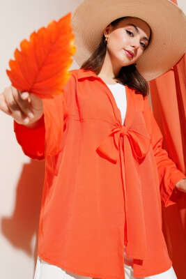 Önü Bağlamalı Keten Kimono Oranj 