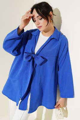Önü Bağlamalı Keten Kimono Saks 