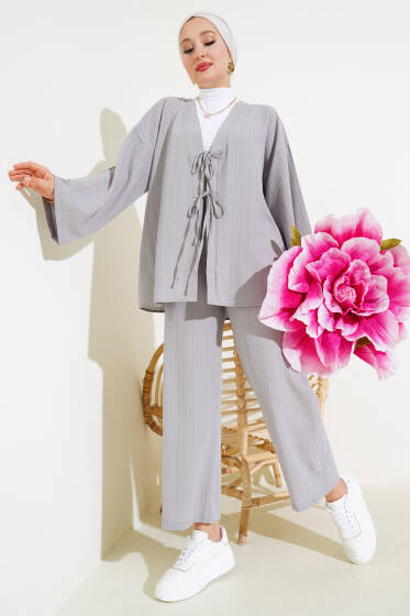 Önü Bağlamalı Kimono İkili Takım Gri - İkili Takım