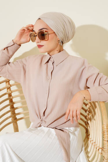 Önü Bağlamalı Kısa Gömlek Bej - Gömlek