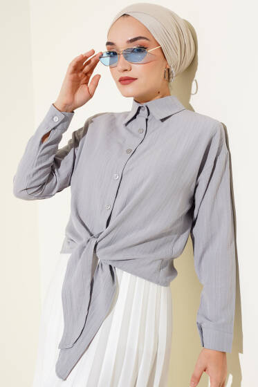 Önü Bağlamalı Kısa Gömlek Gri - Gömlek