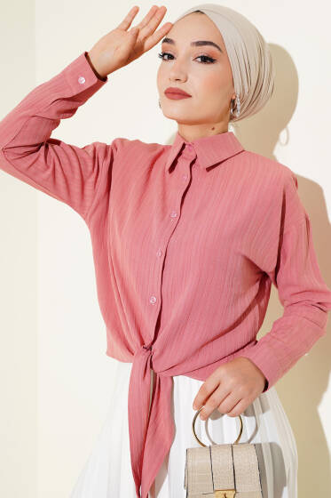 Önü Bağlamalı Kısa Gömlek Gül Kurusu - Gömlek