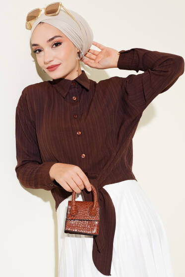 Önü Bağlamalı Kısa Gömlek Kahve - Gömlek