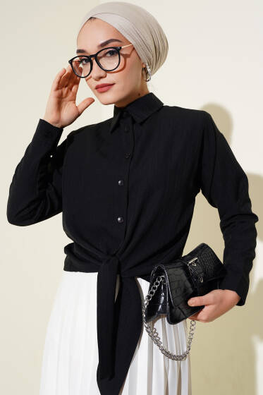 Önü Bağlamalı Kısa Gömlek Siyah - Gömlek