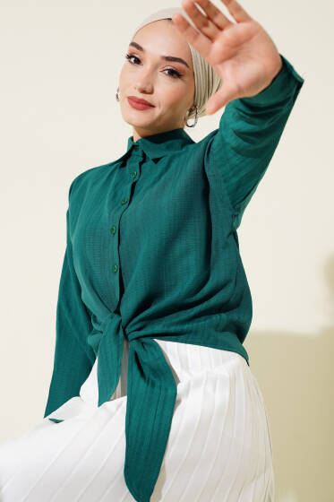 Önü Bağlamalı Kısa Gömlek Yeşil - Gömlek