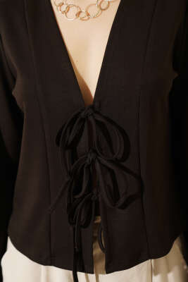 Önü Bağlamalı Kısa Hırka Acı Kahve - Hırka