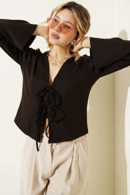 Önü Bağlamalı Kısa Hırka Acı Kahve - HELLIE