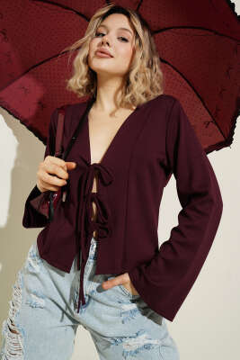 Önü Bağlamalı Kısa Hırka Bordo - HELLIE