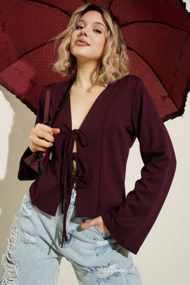 Önü Bağlamalı Kısa Hırka Bordo - Hırka