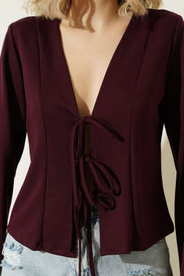 Önü Bağlamalı Kısa Hırka Bordo - Hırka