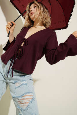 Önü Bağlamalı Kısa Hırka Bordo - Hırka