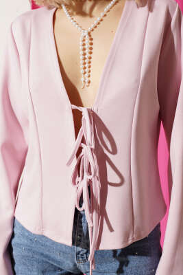 Önü Bağlamalı Kısa Hırka Pudra - Hırka